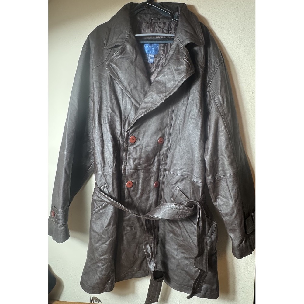 Towncraft Men's 2XL Tall Brown Genuine Nappa Leather Trench Coat Belted